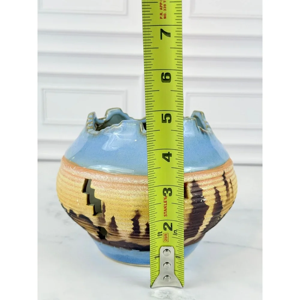 VTG Pottery Barn Blue Brown Glazed Native American Pot Planter 5